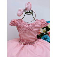 Vestido Infantil Rosé Renda Damas Cinto Pérolas e Tiara