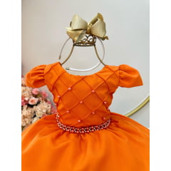 Vestido Infantil Terracota Busto Nervura C/ Cinto de Pérolas