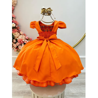 Vestido Infantil Terracota Busto Nervura C/ Cinto de Pérolas