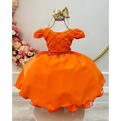 Vestido Infantil Terracota Busto Nervura C/ Cinto de Pérolas