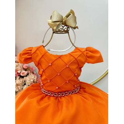 Vestido Infantil Terracota Busto Nervura C/ Cinto de Pérolas