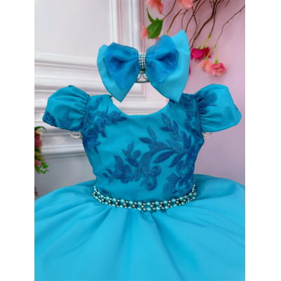 Vestido Infantil Verde C/ Renda Laço e Cinto Pérolas