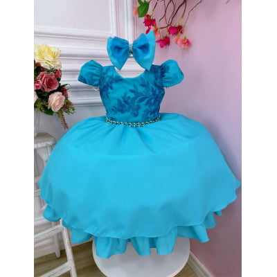 Vestido Infantil Verde C/ Renda Laço e Cinto Pérolas