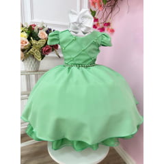 Vestido Infantil Verde Cinto de Pérolas Casamento Luxo