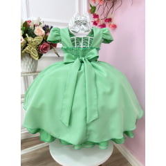 Vestido Infantil Verde Cinto de Pérolas Casamento Luxo