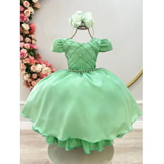 Vestido Infantil Verde Cinto de Pérolas Casamento Luxo