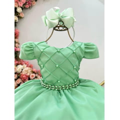 Vestido Infantil Verde Cinto de Pérolas Casamento Luxo