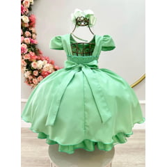 Vestido Infantil Verde Cinto de Pérolas Casamento Luxo