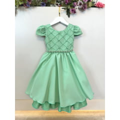 Vestido Infantil Verde Cinto de Pérolas Casamento Luxo