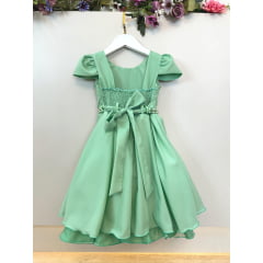 Vestido Infantil Verde Cinto de Pérolas Casamento Luxo