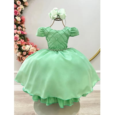 Vestido Infantil Verde Cinto de Pérolas Casamento Luxo