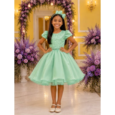 Vestido Infantil Verde Cinto de Pérolas Casamento Luxo