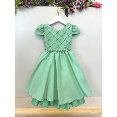 Vestido Infantil Verde Cinto de Pérolas Casamento Luxo