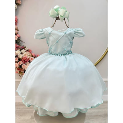 Vestido Infantil Verde Claro Cinto de Pérolas Casamentos
