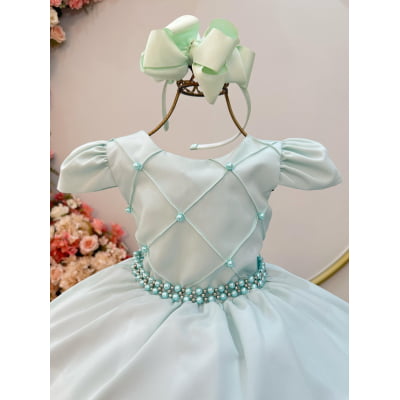 Vestido Infantil Verde Claro Cinto de Pérolas Casamentos