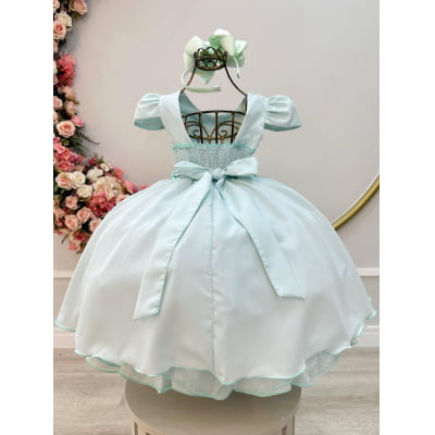 Vestido Infantil Verde Claro Cinto de Pérolas Casamentos