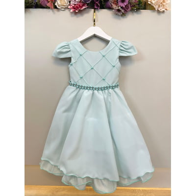 Vestido Infantil Verde Claro Cinto de Pérolas Casamentos