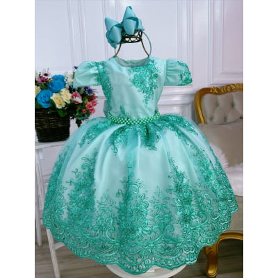 Vestido Infantil Verde Renda Realeza Cinto de Pérolas Luxo