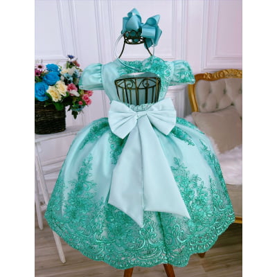 Vestido Infantil Verde Renda Realeza Cinto de Pérolas Luxo
