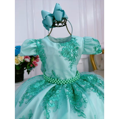 Vestido Infantil Verde Renda Realeza Cinto de Pérolas Luxo