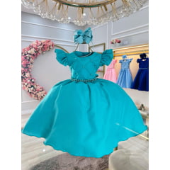 Vestido Infantil Verde Tiffany Busto Nervura Pérolas Festas