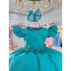 Vestido Infantil Verde Tiffany Busto Nervura Pérolas Festas