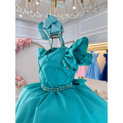 Vestido Infantil Verde Tiffany Busto Nervura Pérolas Festas