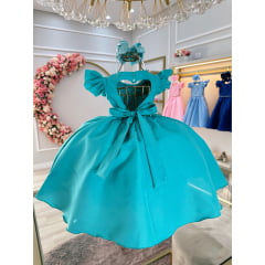 Vestido Infantil Verde Tiffany Busto Nervura Pérolas Festas