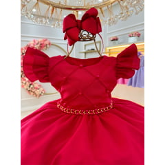 Vestido Infantil Vermelho Busto Nervura C/ Pérolas Casamentos