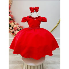 Vestido Infantil Vermelho C/ Cinto de Pérolas Daminhas Luxo