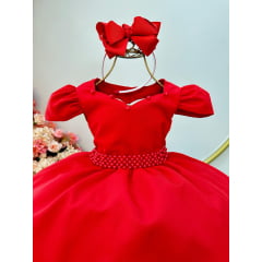 Vestido Infantil Vermelho C/ Cinto de Pérolas Daminhas Luxo