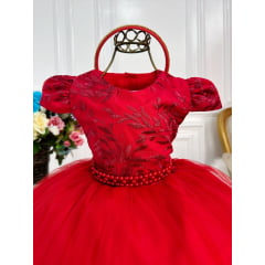 Vestido Infantil Vermelho C/Renda Cinto de Pérolas e Tiara