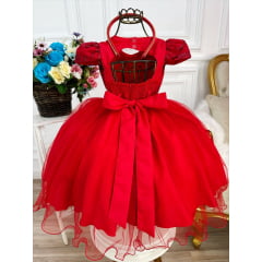 Vestido Infantil Vermelho C/Renda Cinto de Pérolas e Tiara