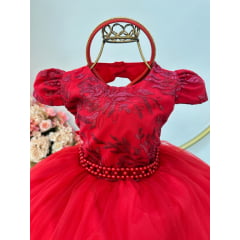 Vestido Infantil Vermelho C/Renda Cinto de Pérolas e Tiara