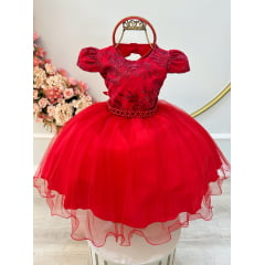 Vestido Infantil Vermelho C/Renda Cinto de Pérolas e Tiara