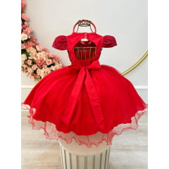 Vestido Infantil Vermelho C/Renda Cinto de Pérolas e Tiara