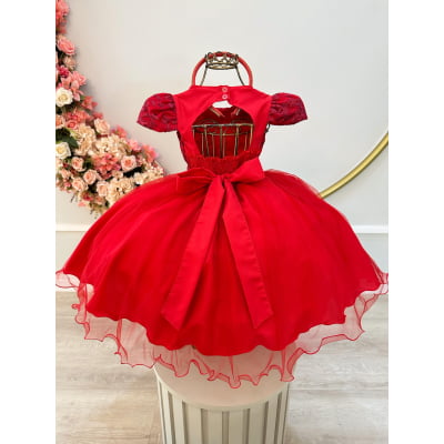 Vestido Infantil Vermelho C/Renda Cinto de Pérolas e Tiara