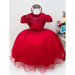 Vestido Infantil Vermelho C/ Renda Cinto Pérolas Tiara Luxo