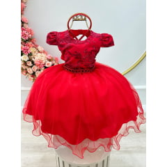 Vestido Infantil Vermelho C/ Renda Cinto Pérolas Tiara Luxo