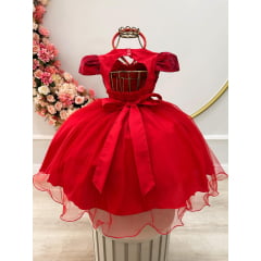 Vestido Infantil Vermelho C/ Renda Cinto Pérolas Tiara Luxo