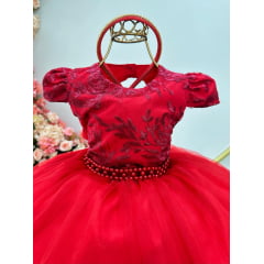 Vestido Infantil Vermelho C/ Renda Cinto Pérolas Tiara Luxo