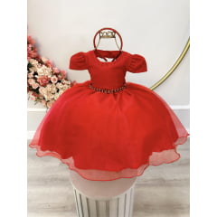 Vestido Infantil Vermelho C/ Renda Luxo Cinto Pérolas Tiara