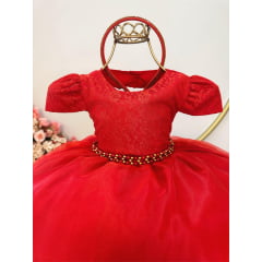 Vestido Infantil Vermelho C/ Renda Luxo Cinto Pérolas Tiara