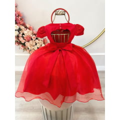 Vestido Infantil Vermelho C/ Renda Luxo Cinto Pérolas Tiara