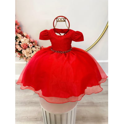 Vestido Infantil Vermelho C/ Renda Luxo Cinto Pérolas Tiara