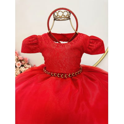 Vestido Infantil Vermelho C/ Renda Luxo Cinto Pérolas Tiara