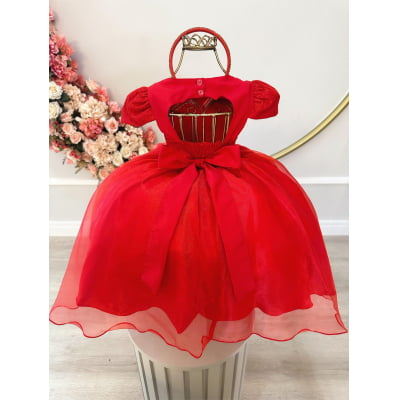 Vestido Infantil Vermelho C/ Renda Luxo Cinto Pérolas Tiara