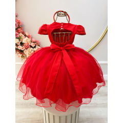 Vestido Infantil Vermelho C/ Renda Metalizada C/ Tiara