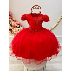 Vestido Infantil Vermelho C/ Renda Metalizada C/ Tiara