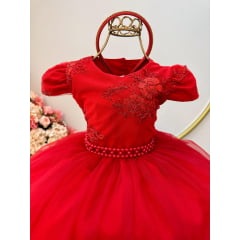 Vestido Infantil Vermelho C/ Renda Metalizada C/ Tiara